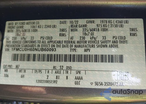 2022 Ford Escape Sel z USA, uszkodzony, nr VIN 1FMCU0H60NUB60093
